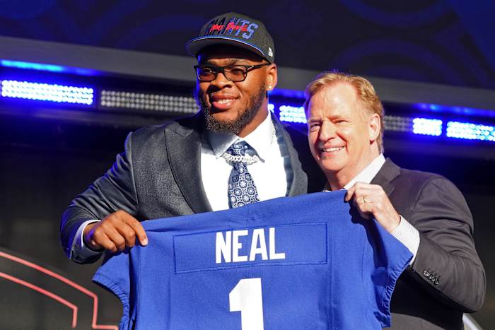 Apr 28, 2022; Las Vegas, NV, USA; Alabama offensive tackle Evan Neal with NFL commissioner Roger Goodell after being selected as the seventh overall pick to the New York Giants during the first round of the 2022 NFL Draft at the NFL Draft Theater.